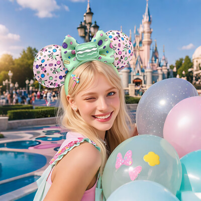 Loungefly Macaron Print Minnie Ears Headband in Mint & Pink, Disneyland New Pastel Macaron Minnie Mouse Loungefly Backpack & Ear  main image 4