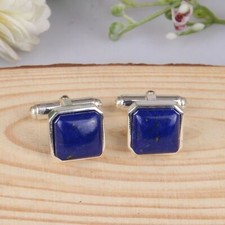 Square Shape Lapis Lazuli Gemstone 925 Sterling Silver Cufflinks For Men's