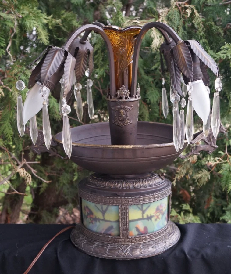 Lâmpada Epergne antiga 1910 - 1925 Art Nouveau MILLER painéis de vidro pintados reversos - Imagem 2 de 4