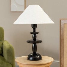 Justin Dark Wood Stacked Table Lamp Natural Linen Tapered Lampshade Living Room