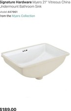 Signature Hardware 447961 Myers 21" Vitreous China Undermount Bathroom Sink Whit