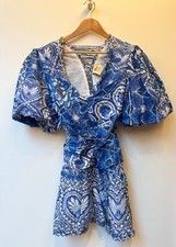 Farm Rio Boho Puffed Sleeve Blue & White Mini Dress With Gorgeous Detailing Sz M