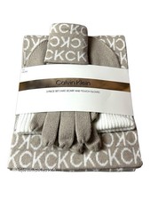 Calvin Klein Logo Tan Beige Knit Beanie Hat Scarf Touch Gloves 3Pc Gift Set NIB