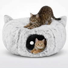 Cat Tunnel Bed Cave Donut Hideaway Foldable Plush Interactive Pet House Grey