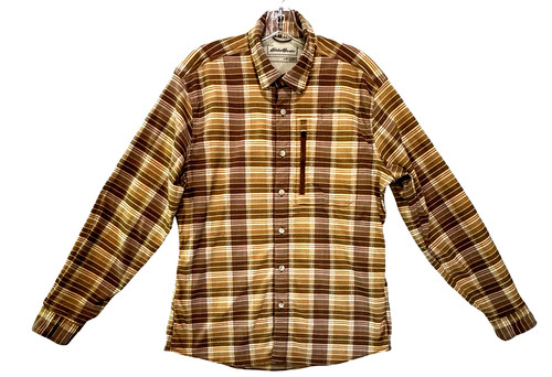 Eddie Bauer Fishing Shirt Men XL Plaid Brown Vented Button Up Long Sleeve Hiking