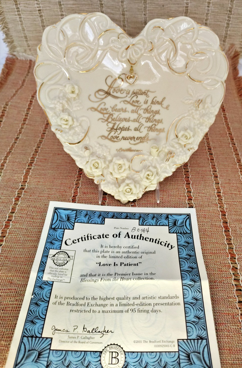 Bradford Exchange Decorative Heart Shape Plate "Love Is Patient" Corinthians COA