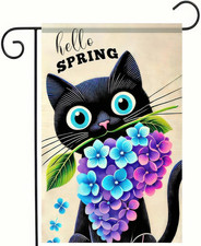 Spring Black Cat Floral Garden Flag 12X18 Inch Double-Sided Polyester Outdoor Fl