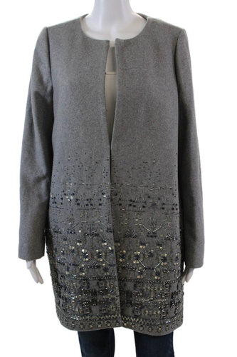 J Crew Collection Womens Hook Front Beaded Scoop Neck Coat Gray Wool Size 8