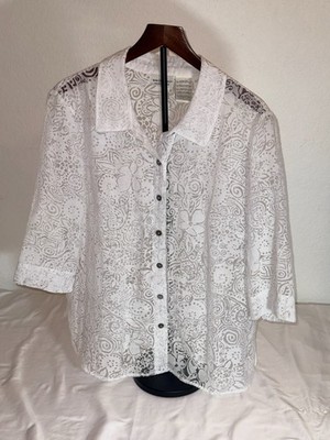 White Stag Floral Lace Button Up 3/4 Sleeve White Sheer Blouse Size 16W (Y9)