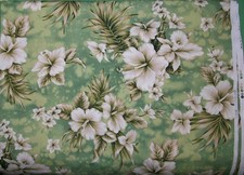 Tropical Hawaiian Hibiscus Palm Cotton Fabric Soft Green  White Muu-Muu BTY