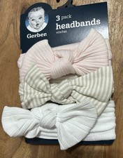 GERBER Infant Baby Cotton Bow Headbands 3 Pack Pink White Tan NEW