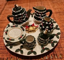 Vintage ARTMARK Miniature Tea Set 10 Pc Set Christmas Tree White Green Red Gold