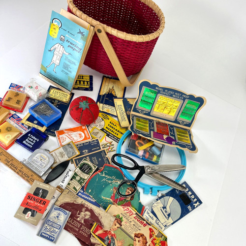 Vintage Sewing Lot 1950s Sharps Needles Notions Pinking Shears in Basket Plus
