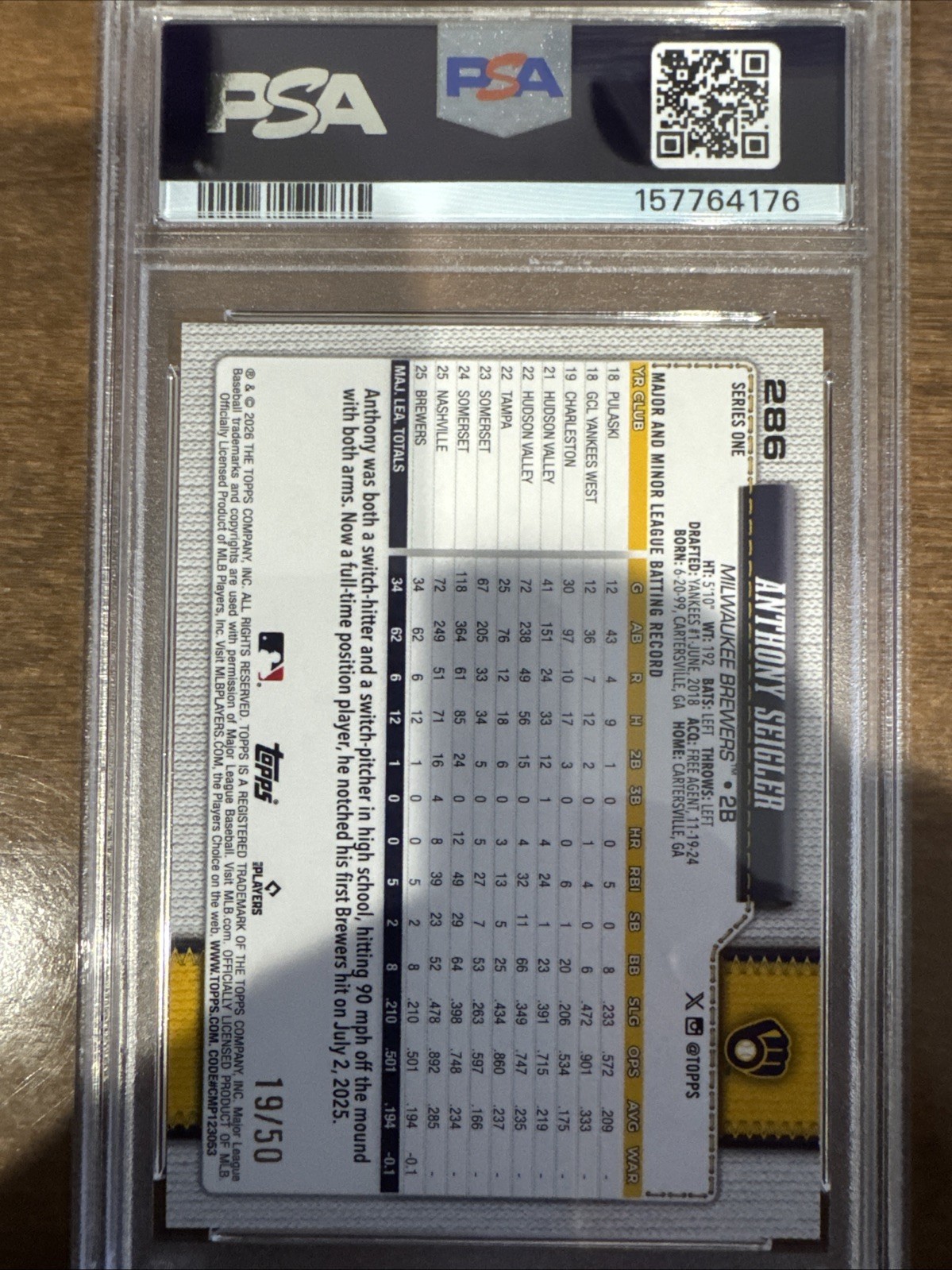 2026 Topps - Anthony Seigler #286 CANVAS 19/50 PSA 10 (RC) view 2