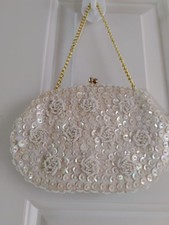 Vintage 50s Beaded Handbag Evening Bag Gold Kiss Clasp Strap MCM Art Deco 1950s