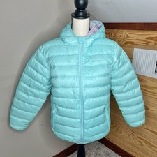 Eddie Bauer Girls Reversible Teal Blue Purple Down Puffer Jacket Extra Large 16