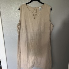 Beige Linen Blend White Stag VTG Knee Length Sleeveless Shift Dress 16-18 Beach