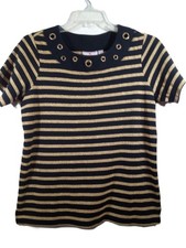 Quacker Factory Top Women M Black Gold Metallic Embellished Neck Short Sleeve