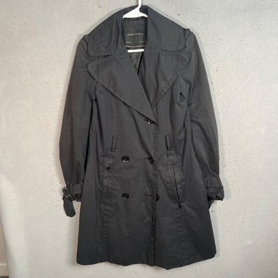 Zara Basic Womens Black Trench Coat Size Small Double Breasted Cotton Blend