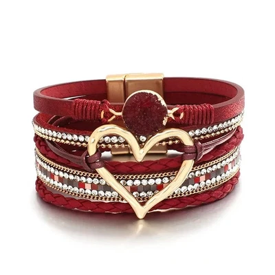 💖Bracelet rouge en similicuir – Tressage élégant & cœur en acier inoxydable 💖 - Photo 1/4