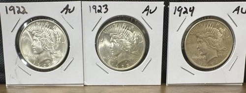 Peace Lot Of 3 90% Silver Dollars 1922, 1923, 1924 AU Free Shipping