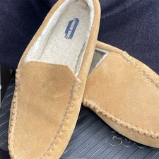 Lands' End Womens Moccasin Slippers Beige Faux Fur Lined Slip-On Size 9