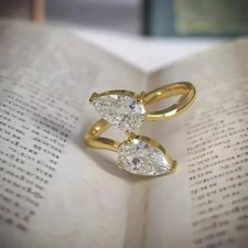 Pretty Pear Cut Lab Created Diamond 14K Yellow Gold FN Open Wedding Band Ring