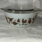 PYREX White Milk Glass Casserole Brown Pattern With Lid & Handle Vintage