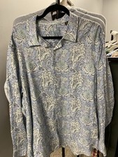 Light Blue Floral Design Men  s Linen Button Up Shirt Blues Greens XXL