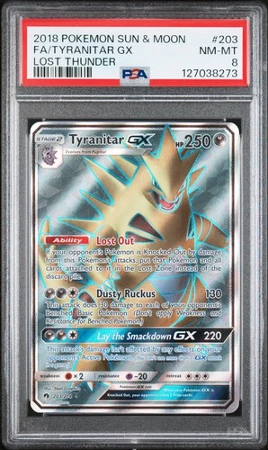 2018 POKEMON SUN & MOON LOST THUNDER #203 FULL ART/TYRANITAR GX PSA 8