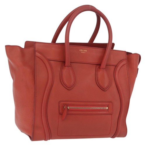 CELINE Luggage Mini Shopper Hand Bag Leather Red Gold Tone Auth LN095V