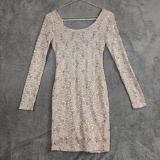 Womens M Long Sleeve Sequin Mini Cocktail Dress Champagne Club Wear Floral Lace