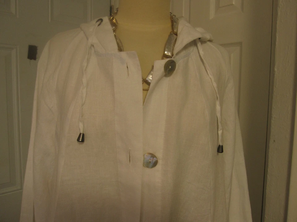 NEW W TAG SIGRID OLSEN Sz LARGE WHITE JACKET 100% LINEN W HOOD FOUR BUTTONS  - Image 2 of 4