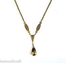 TYLER CODY VINTAGE BRASS GOLD TONE+SWAROVSKI IRIDESCENT CRYSTAL PENDANT NECKLACE
