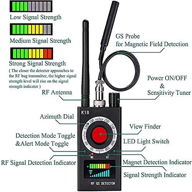 Détecteur De Caméra Cachée K18S - Scanner De Signal 1MHz-8000MHz, Détection GPS, Anti-espionnage | Pour Hôtel, Bureau, Voiture