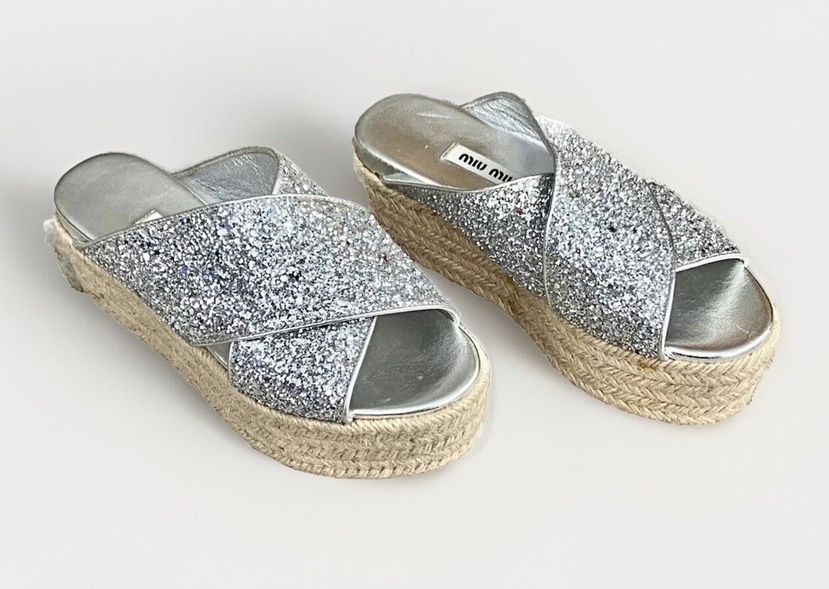 Miu Miu シルバーグリッターサンダル NEW‼️MIU MIU⚡Silver glitter cross strap platform