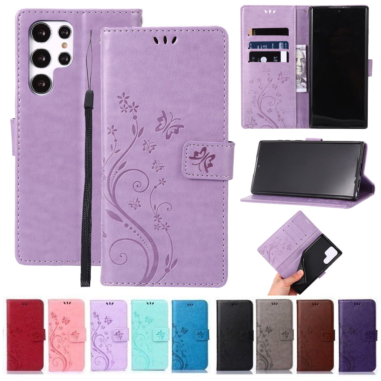 For Samsung S23 Ultra S21 S22 A13 5G Flip Folio Leather Wallet Stand Strap Case-image