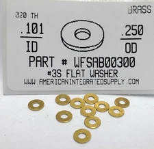 #3 Flat Washers Solid Brass .101"IDx.250"OD +/- (100)