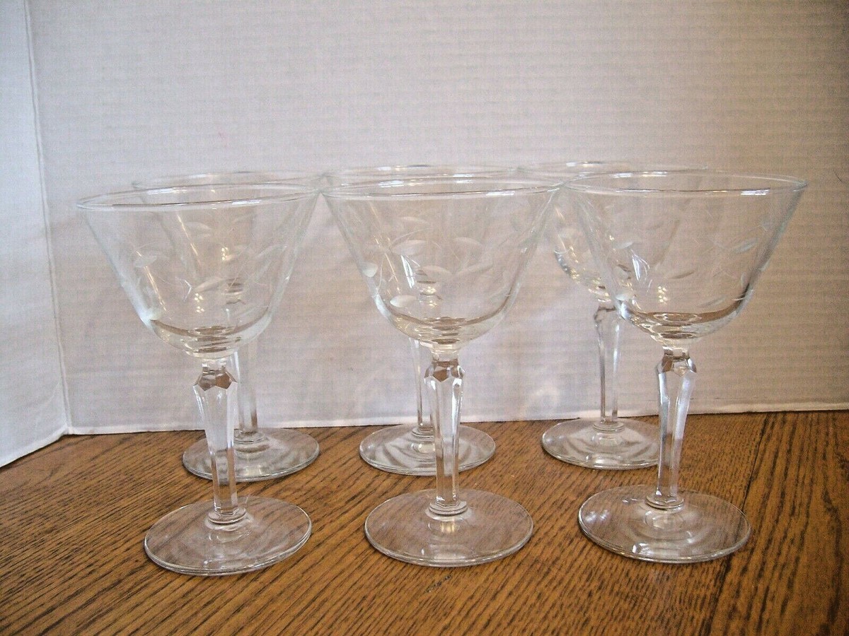 VINTAGE SET OF 6 CLEAR CRYSTAL WINE GLASSES w/ETCHED DESIGNS ~ 6