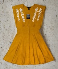 Forever 21 Women Mini Woven Dress mustard  w/ cream floral embroidery Size S