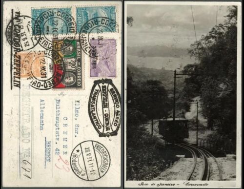 Graf Zeppelin Cover Brazil to Germany 1931 Postcard Corcovado Mountain Train - Picture 1 of 5