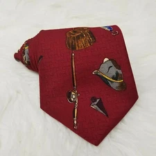 American Angler Mens Necktie Red Fly Rod Reel Fish Net Bobber Pole Tie