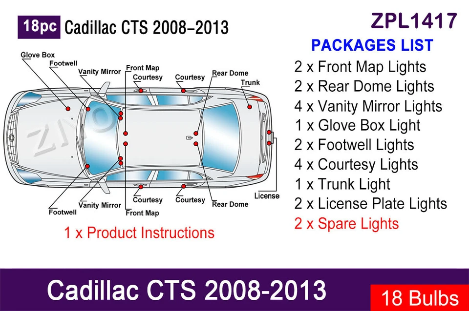 Kit de bombillas blancas 18 piezas de actualización de luz interior LED para Cadillac CTS 2008-2013 Foto 2 de 4
