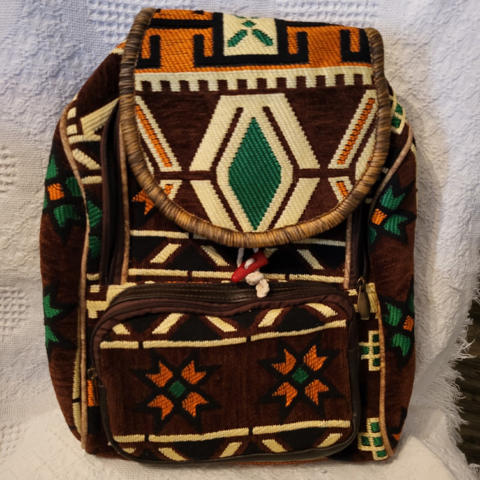 Brown & Multicolored Geometric Patterns Backpack … - image 1