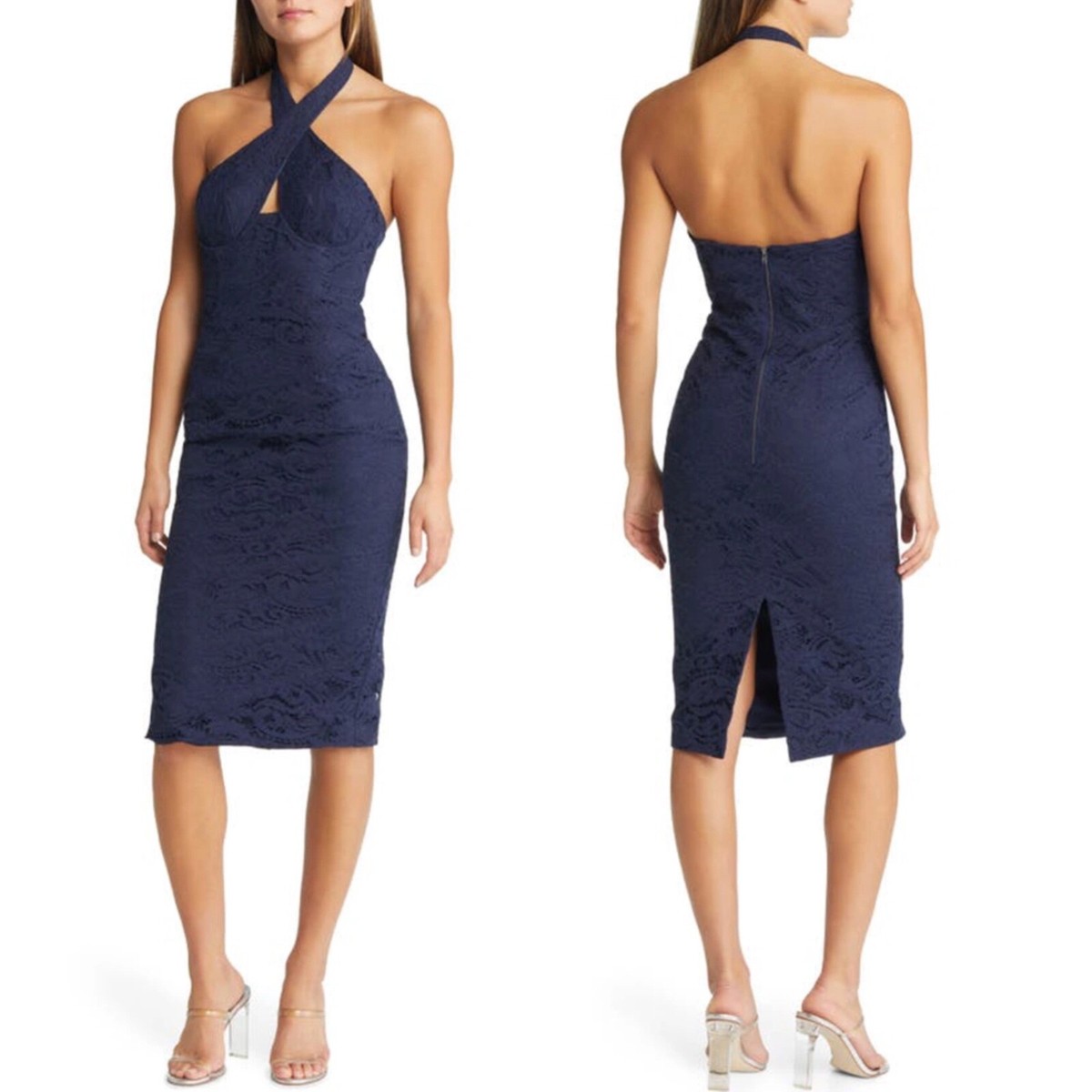 NEW BARDOT Navy LACE Riviera CROSSOVER Halter Neck CUTOUT Corset SHEATH DRESS M NEW BARDOT Navy LACE Riviera CROSSOVER Halter Neck CUTOUT Corset SHEATH DRESS M