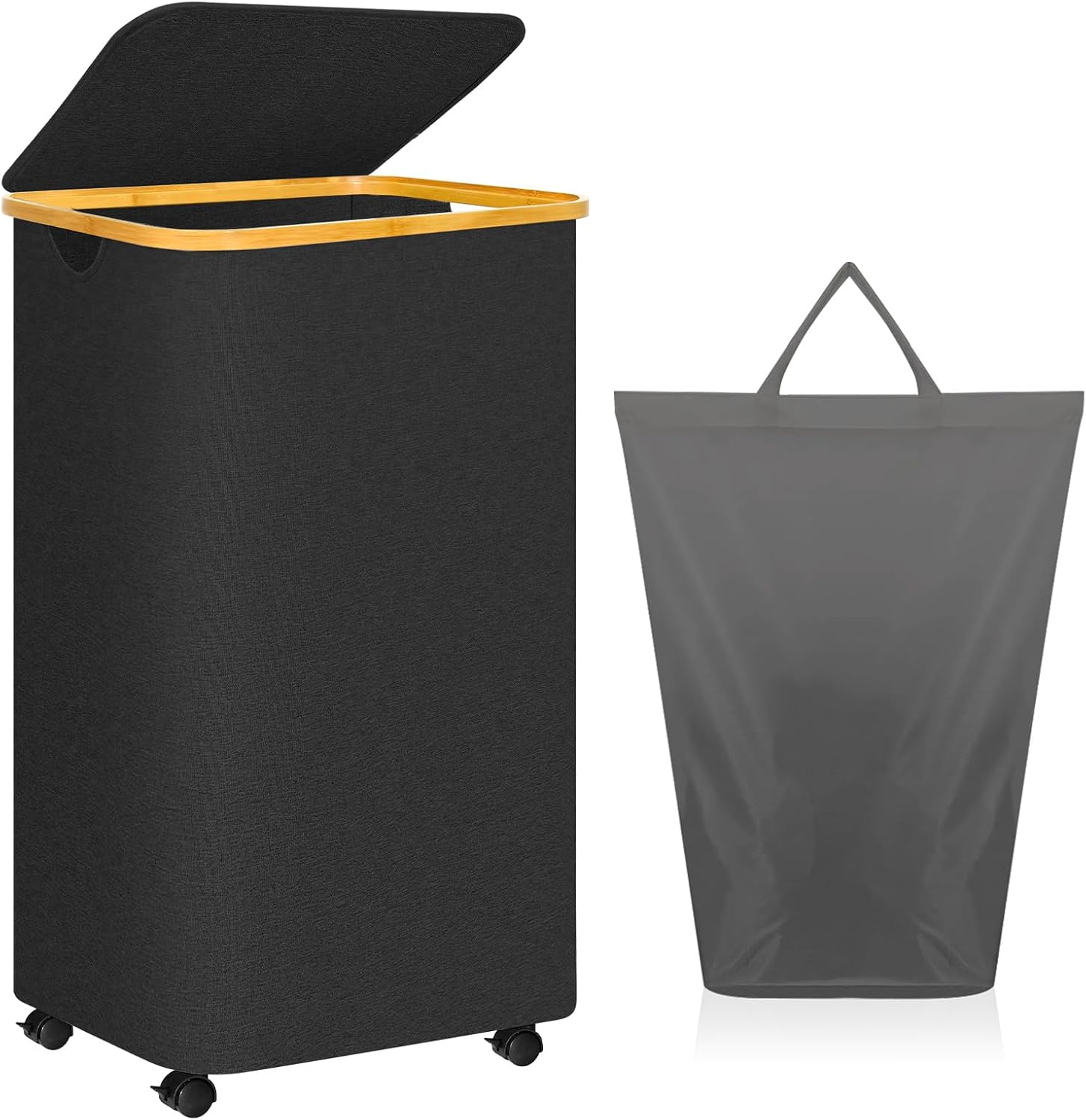 Laundry Hamper with Wheels, 100L, Black, Foldable, Large Capacity, Removable Lau-image