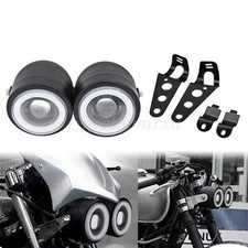 LED Motorcycle Twin Dual Headlight DRL Headlamp w/Bracket For Harley Cafe Racer