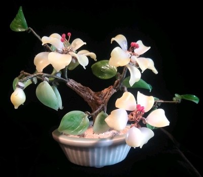 Vtg Bonsai Tree Glass Apple Blossom White  Flowers Jade Leaves Celadon Pot Asian