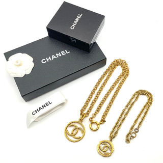 Auth Chanel Coco Mark 93P 3097/Engraved Gold Chain Necklace Set2 W/Box BL010033