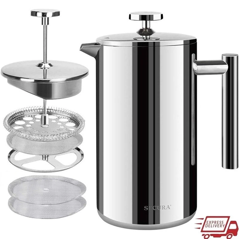 Double Wall Stainless Steel French Press Coffee Maker Heat Retention W/ Screens
